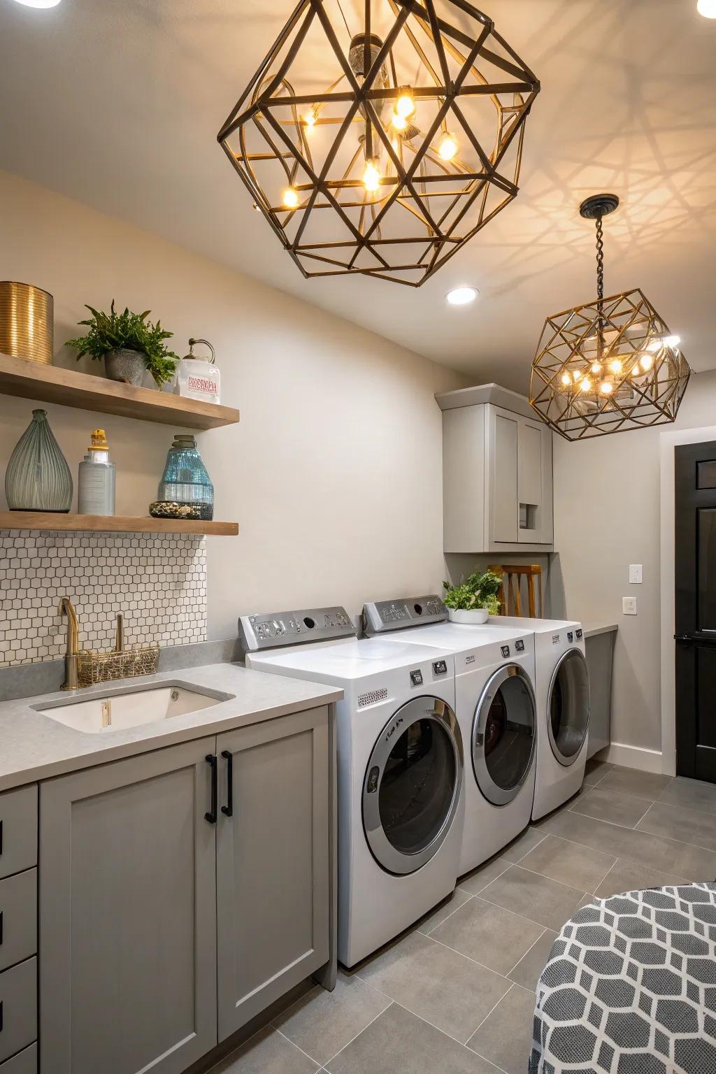 Geometric fixtures add artistic flair to your laundry room.