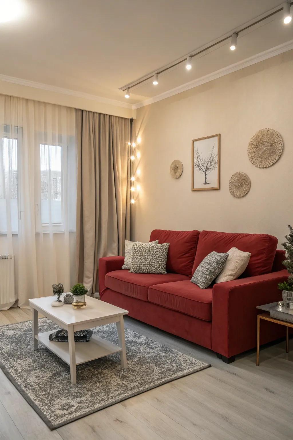 Neutral tones balance the boldness of a red couch, creating an elegant and harmonious space.