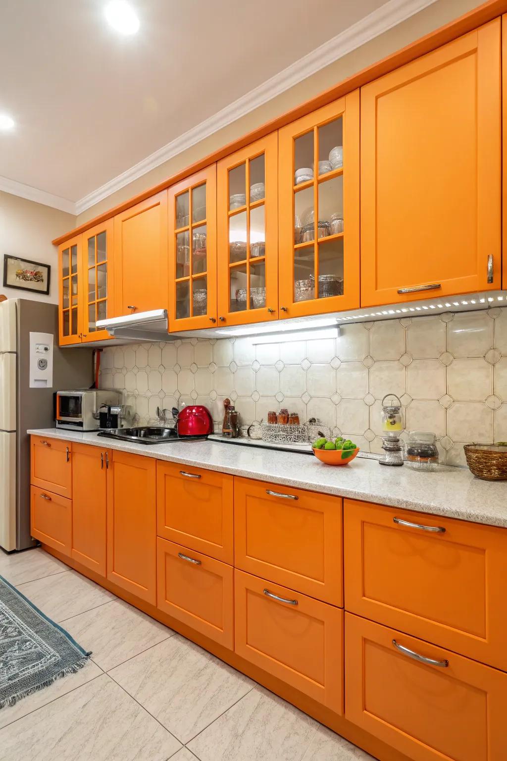 Unexpected color pops inside cabinets surprise and delight.