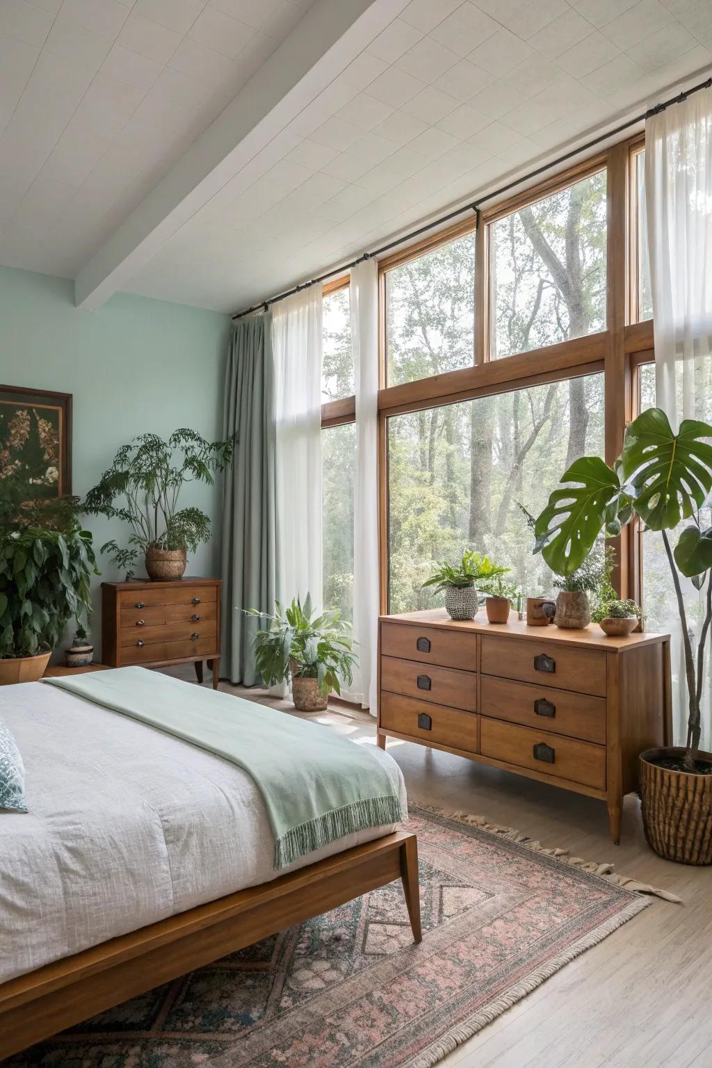 Natural materials create a biophilic connection in this mid-century modern bedroom.