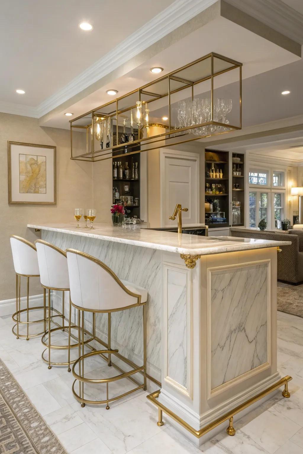 Luxurious materials like marble and gold elevate a home bar's elegance.