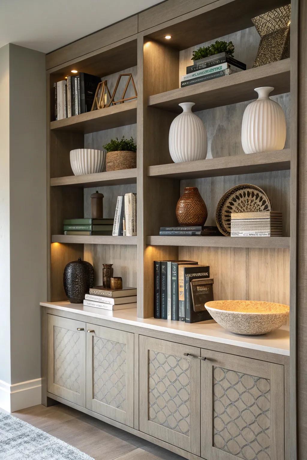 Layering creates depth and a cohesive look in the hutch.