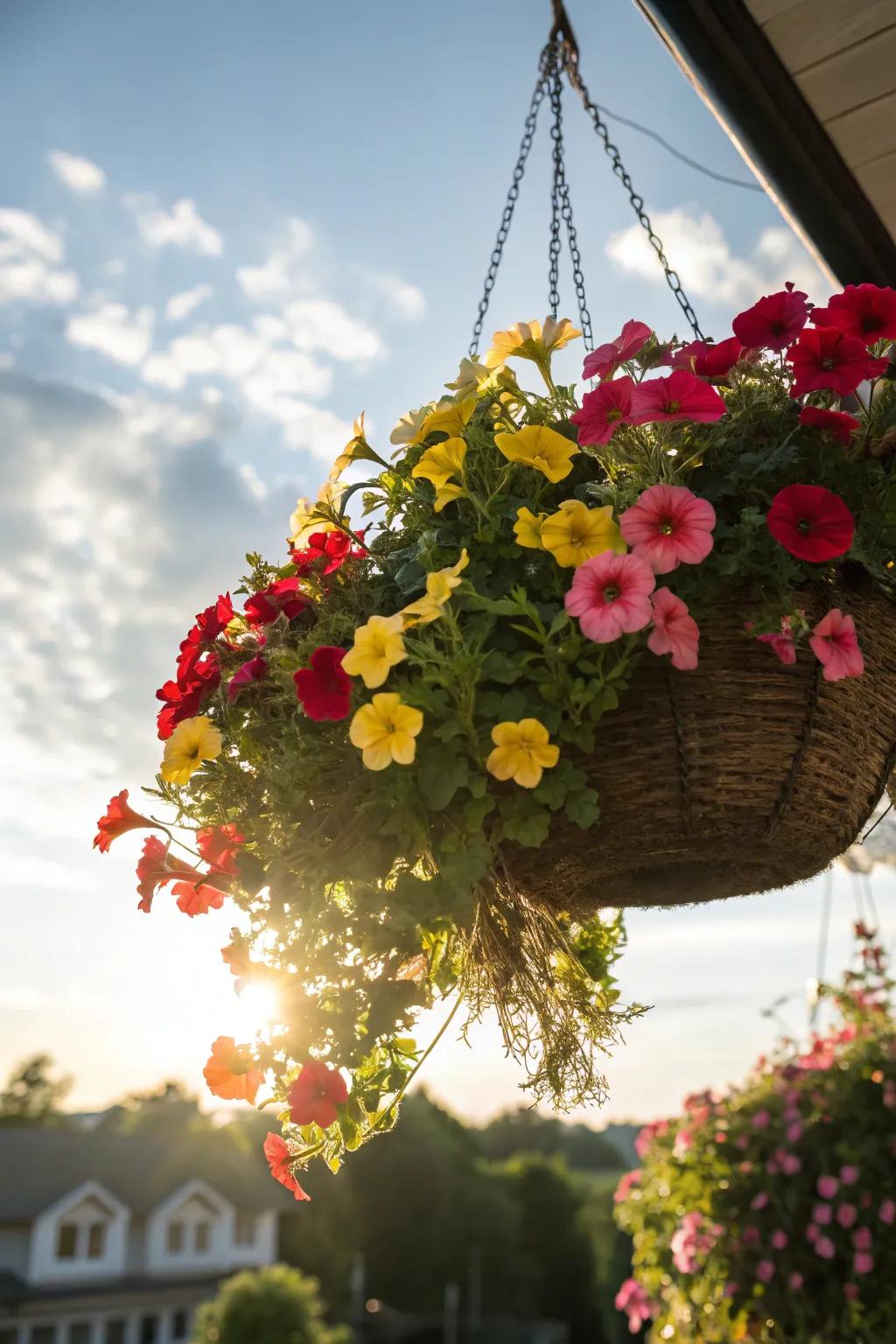 A vibrant hanging basket brimming with blooms.