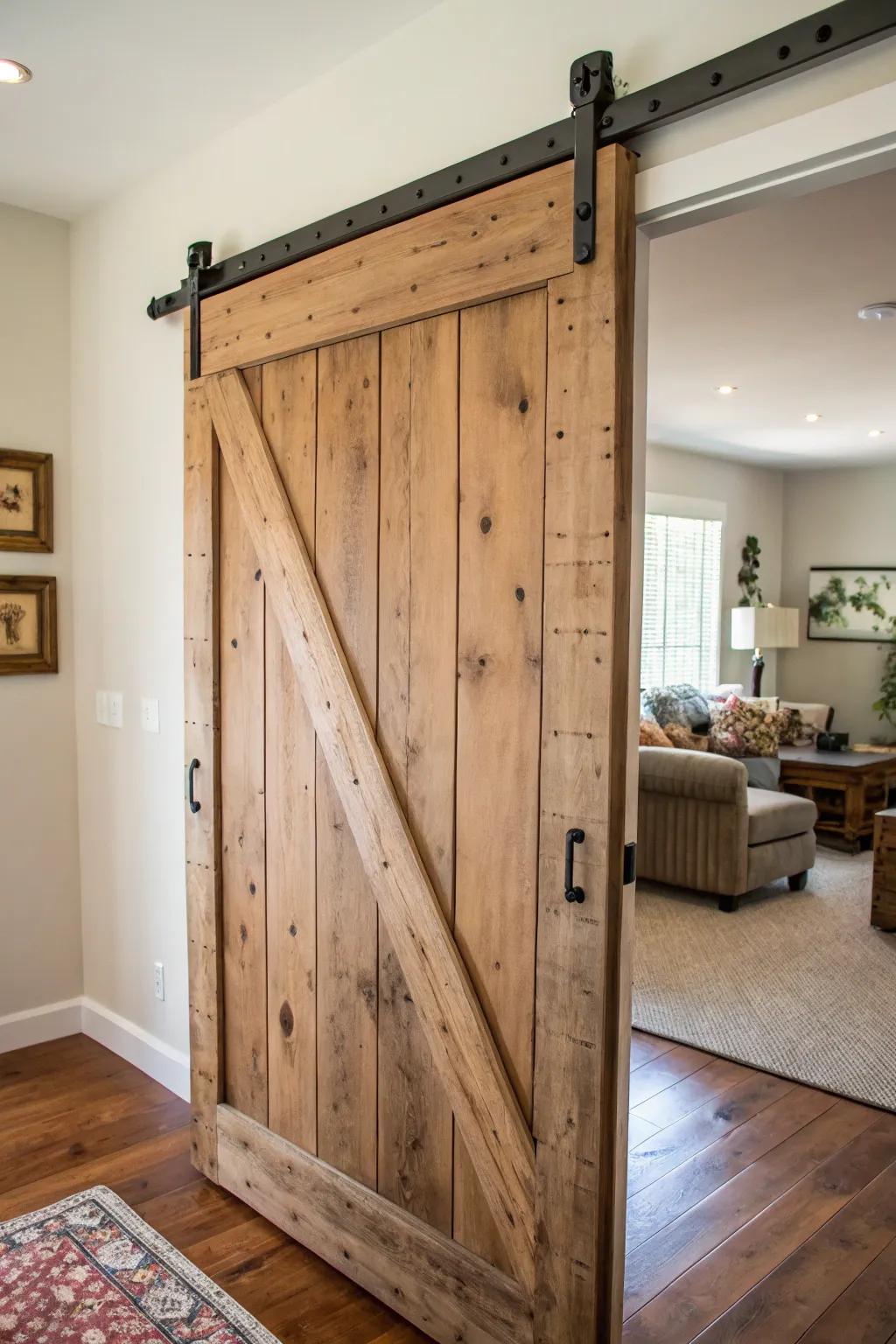 A bold and rustic sliding barn door in a modern room.