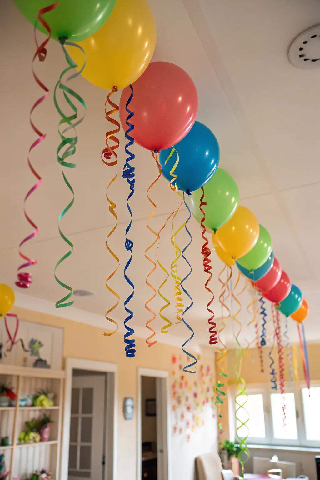 Balloon streamers bring movement and color to the New Year's Eve party.