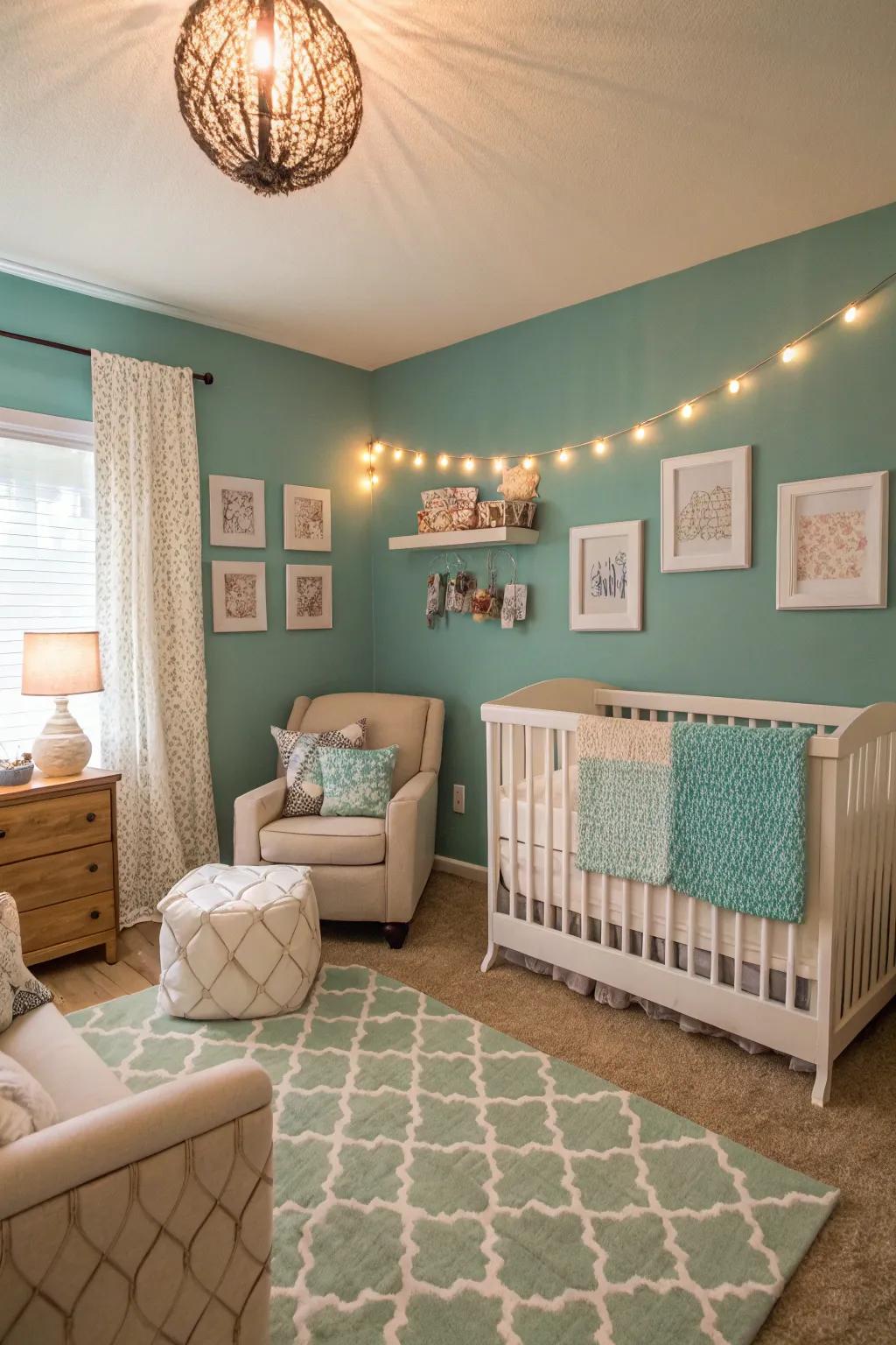 A sophisticated nursery with intriguing teal accents.