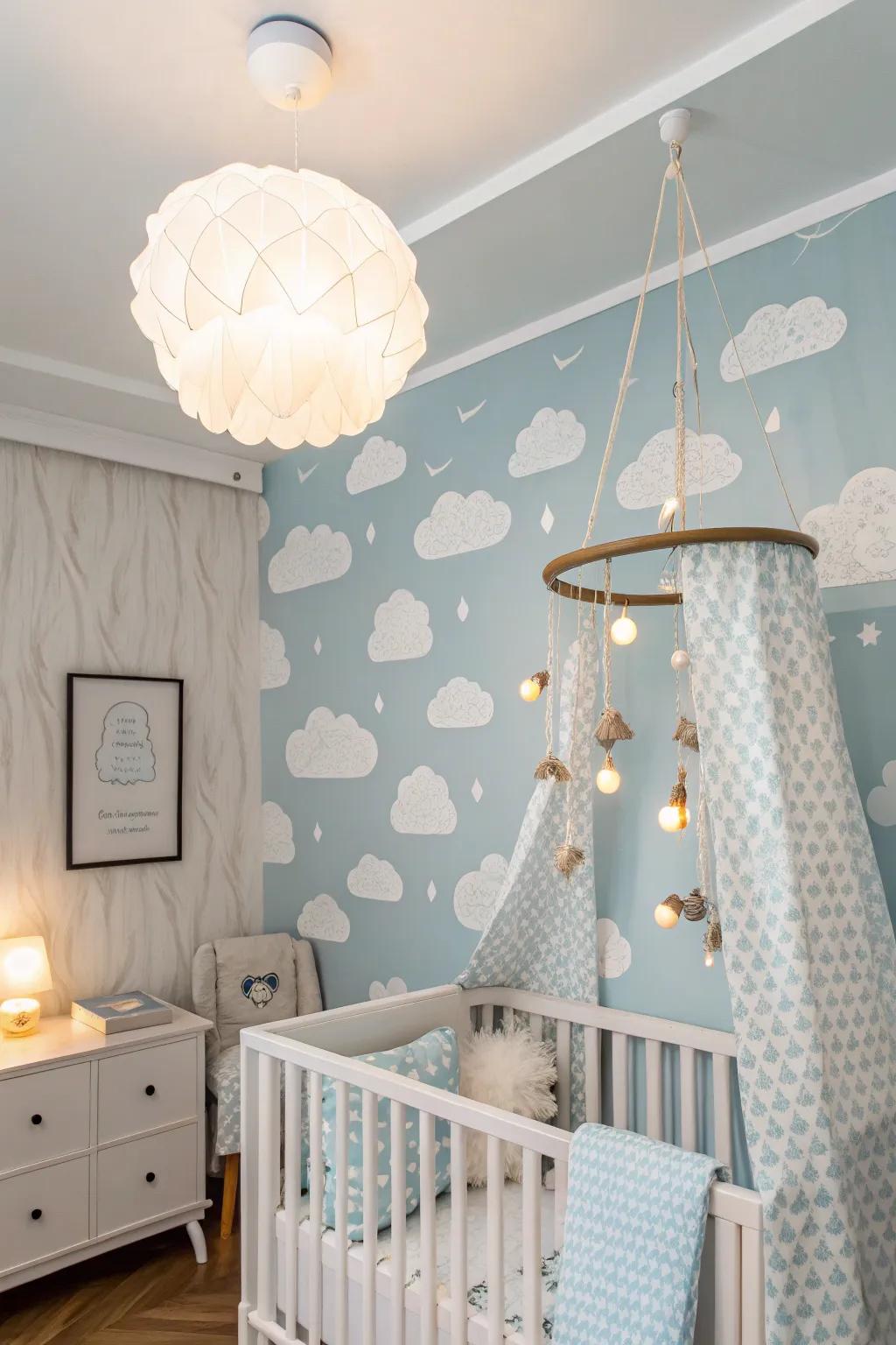 A dreamy cloud-themed nursery that provides a calming and serene environment.