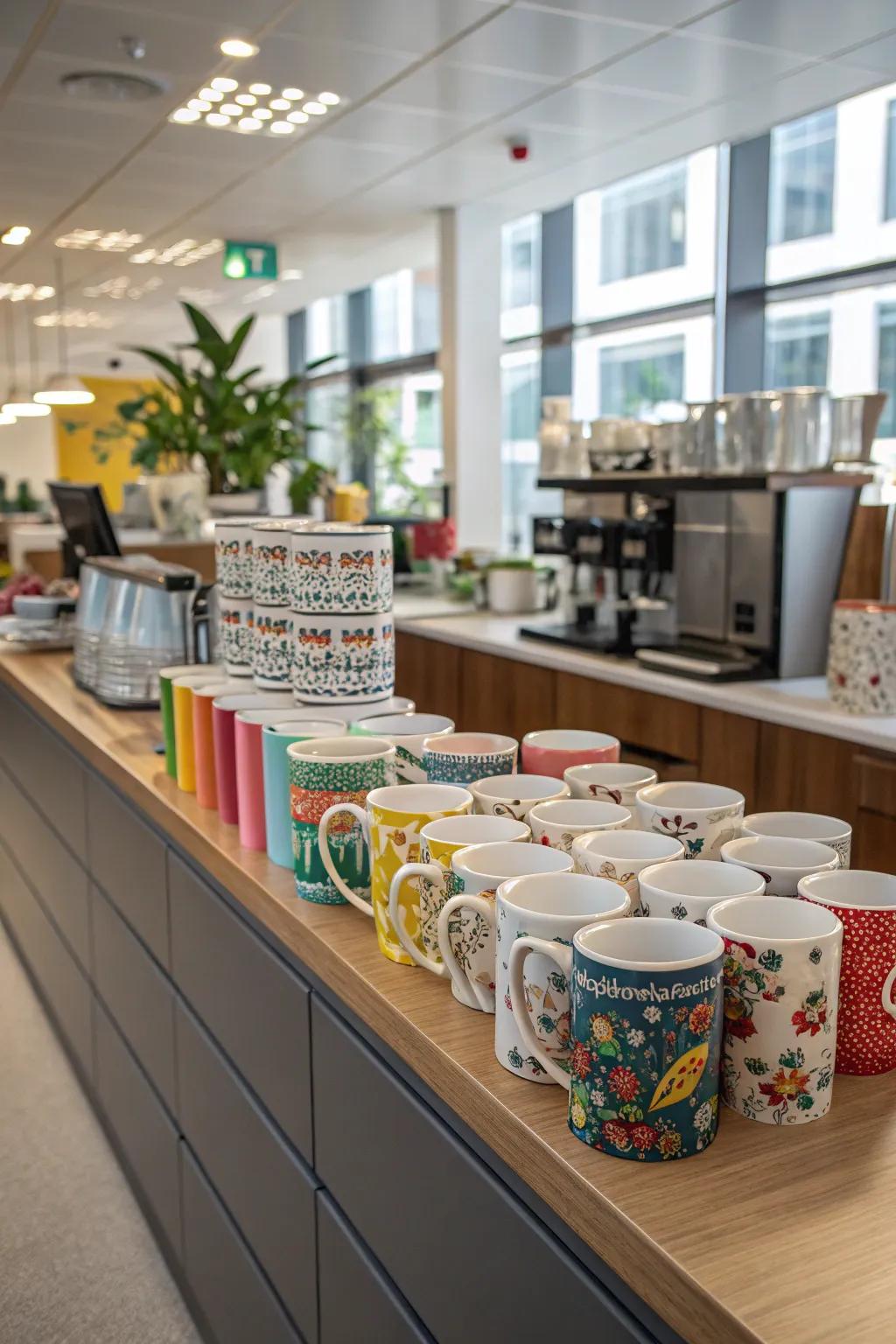 Themed mugs add a personal touch to your coffee station.