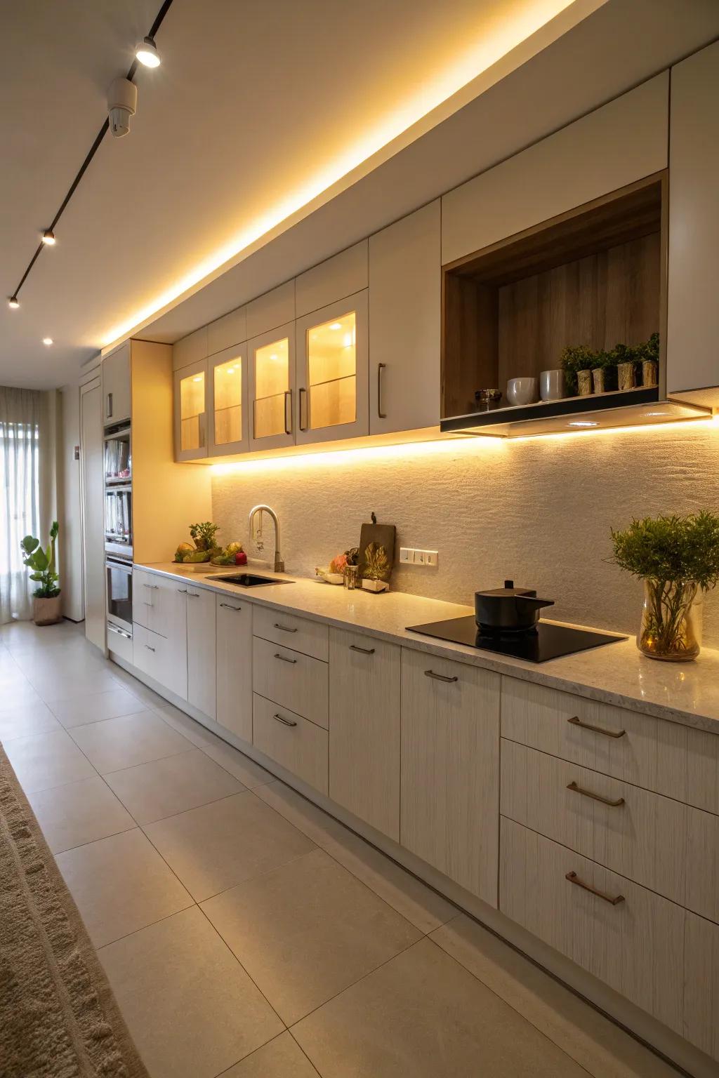 Under cabinet lighting adds warmth to a one-wall kitchen.