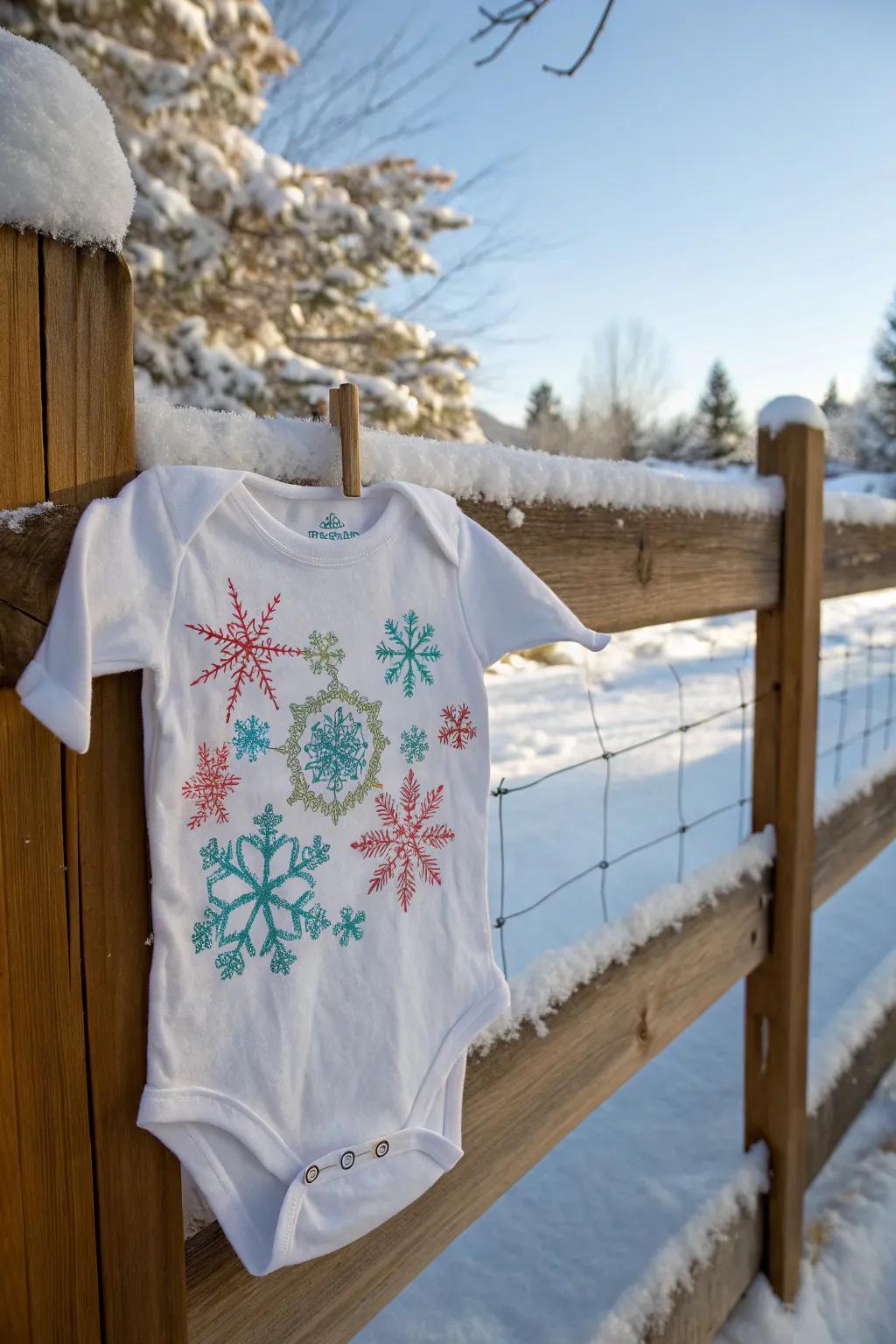 A winter-themed onesie with delicate snowflake designs.