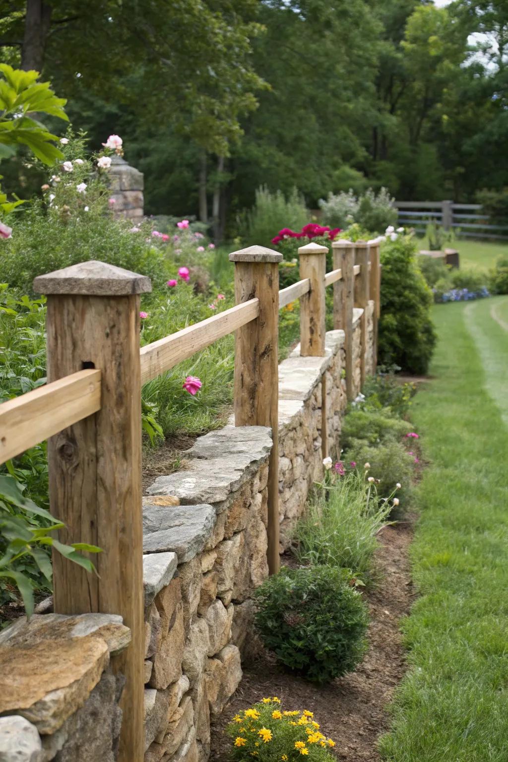 Combine natural stone and wood for earthy, textured fencing.