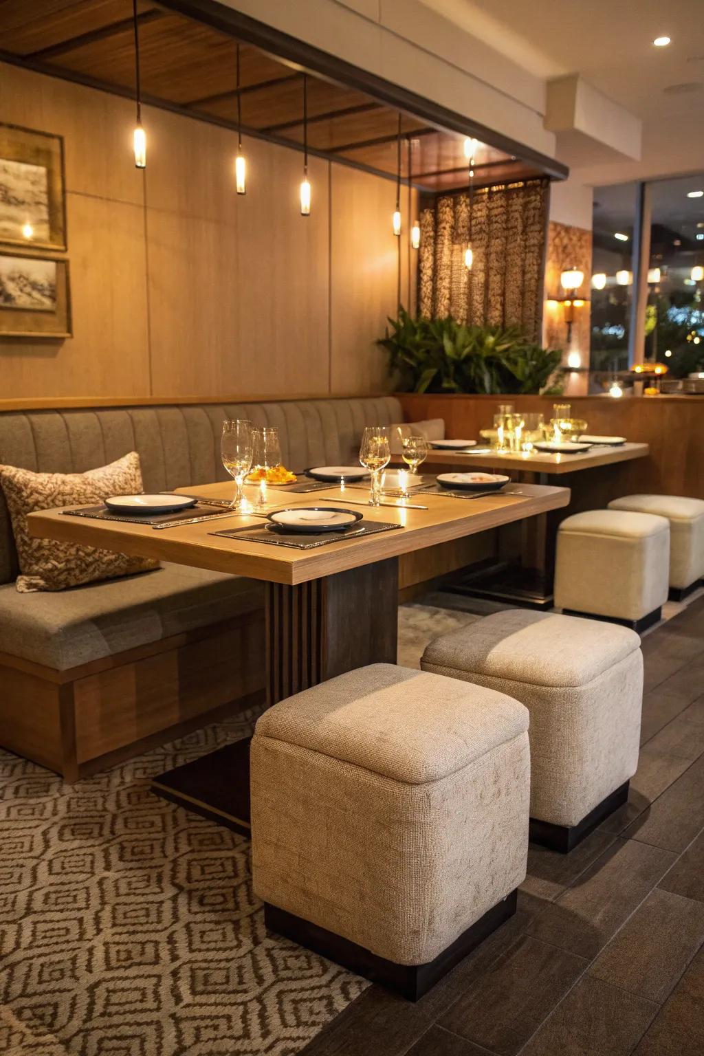 Ottomans create a relaxed and elevated dining experience.