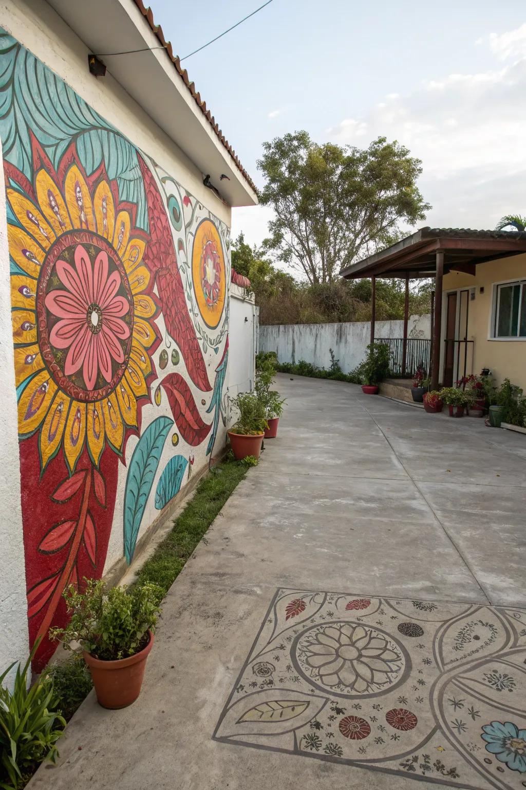 An artistic mural transforms this patio into a bold statement piece.