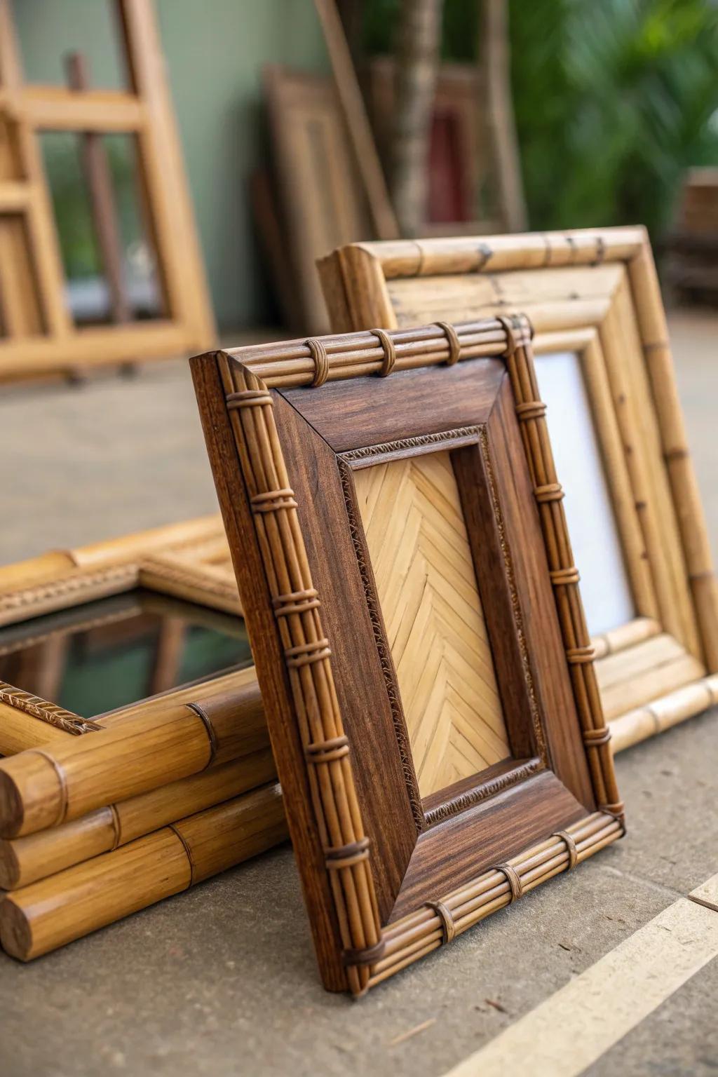 Natural wood and bamboo frames adding organic warmth.