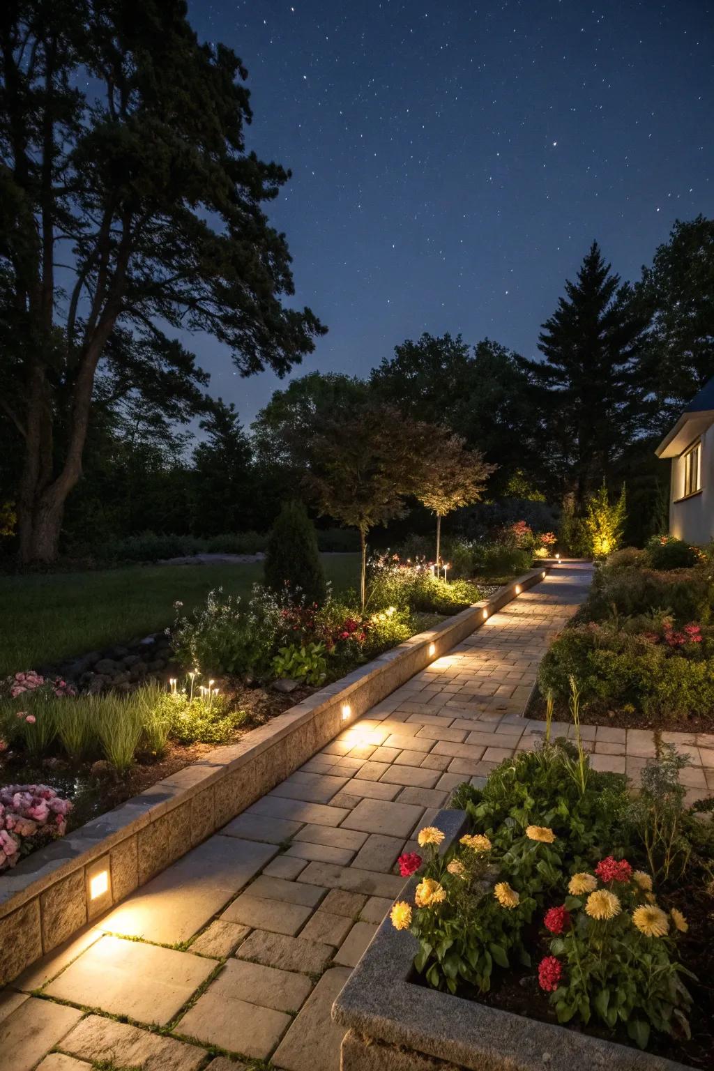 Lighting adds a magical touch to paver flower beds at night.