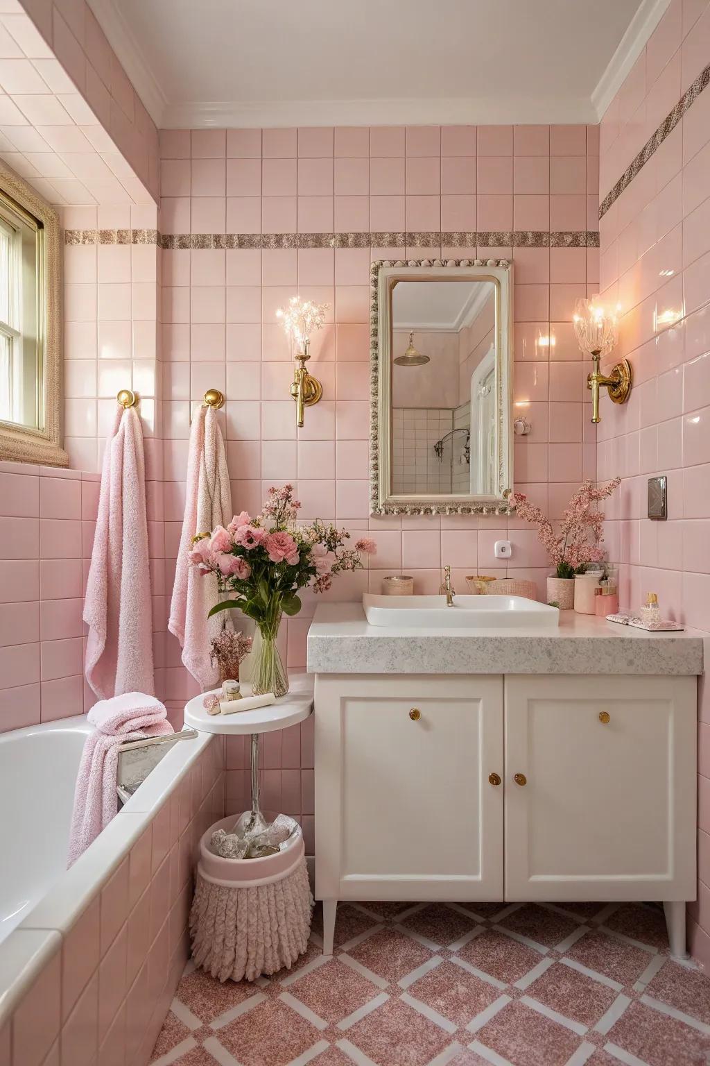 A graceful bathroom with feminine touches and pink tiles.