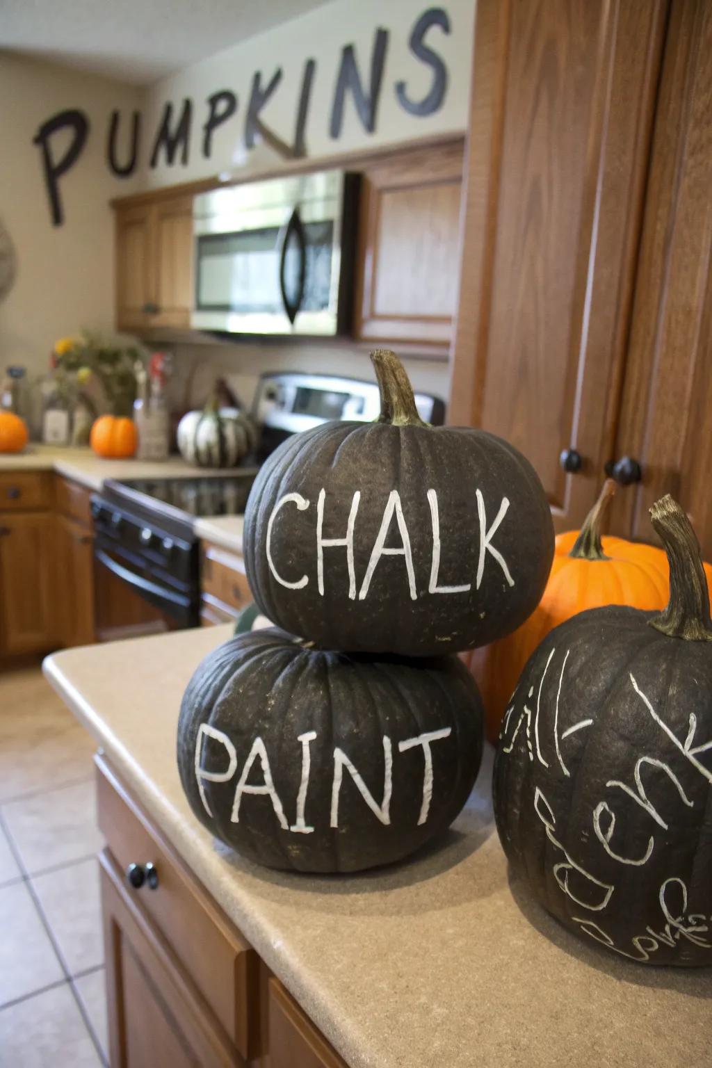 Personalize your space with chalkboard message pumpkins.