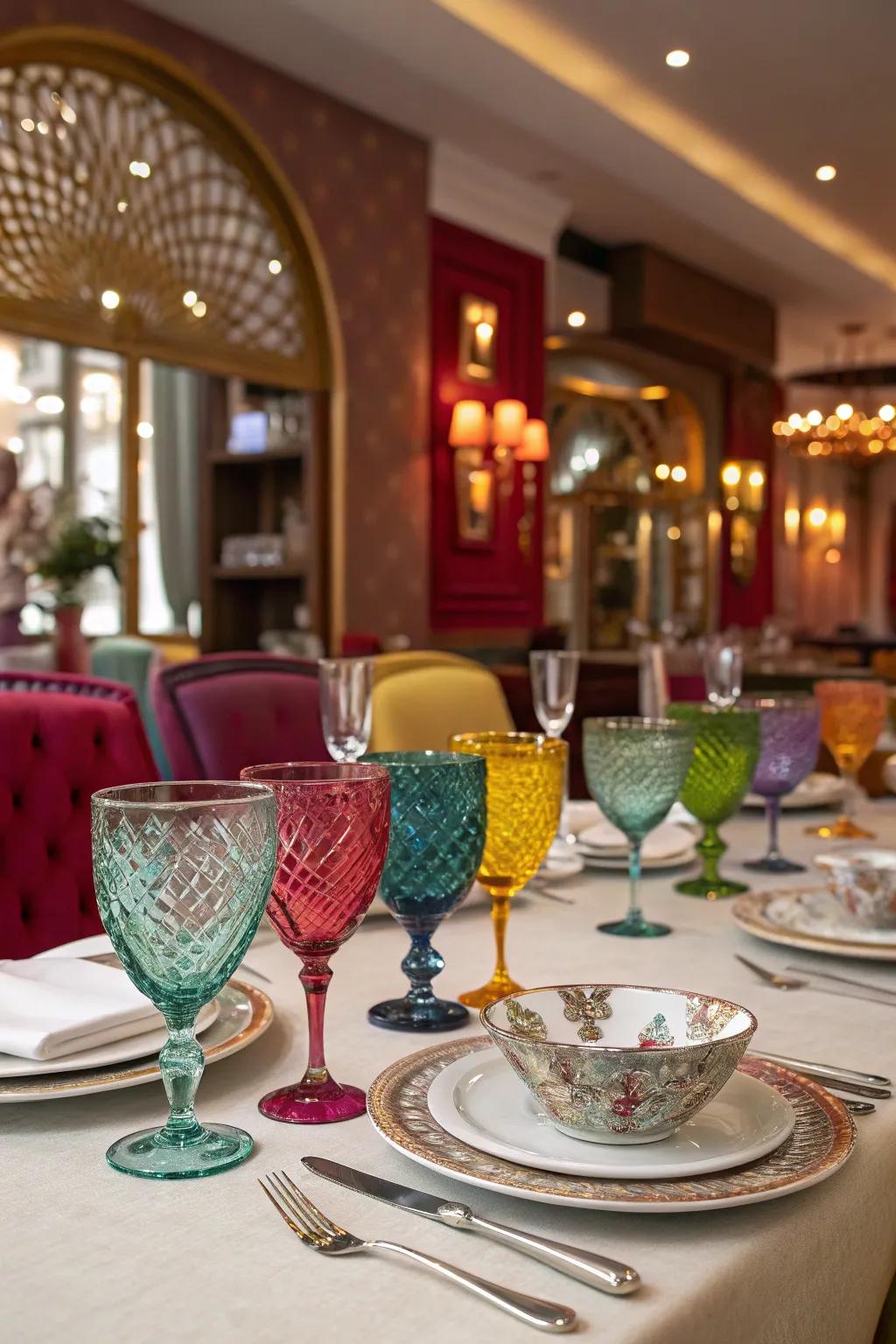 Colored glassware adds a fun twist to the table.