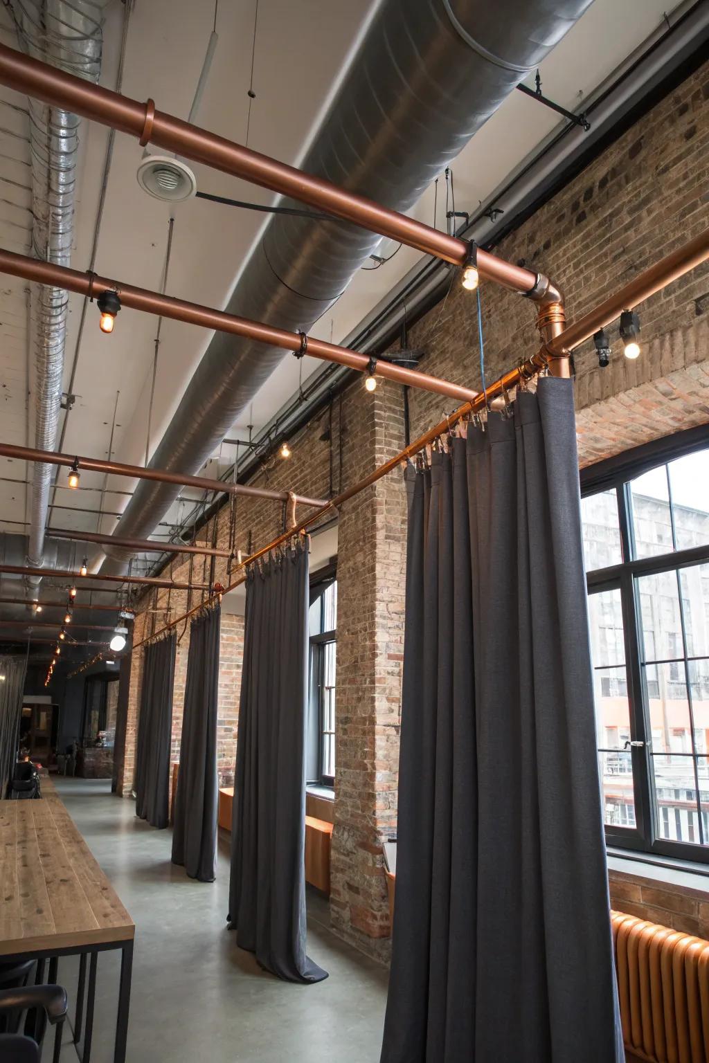 DIY copper pipes bring an industrial chic flair to curtain setups.