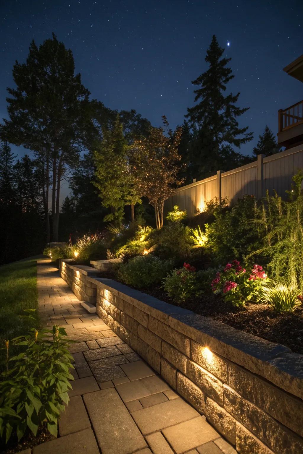 Solar lights create a magical atmosphere, highlighting retaining walls beautifully.