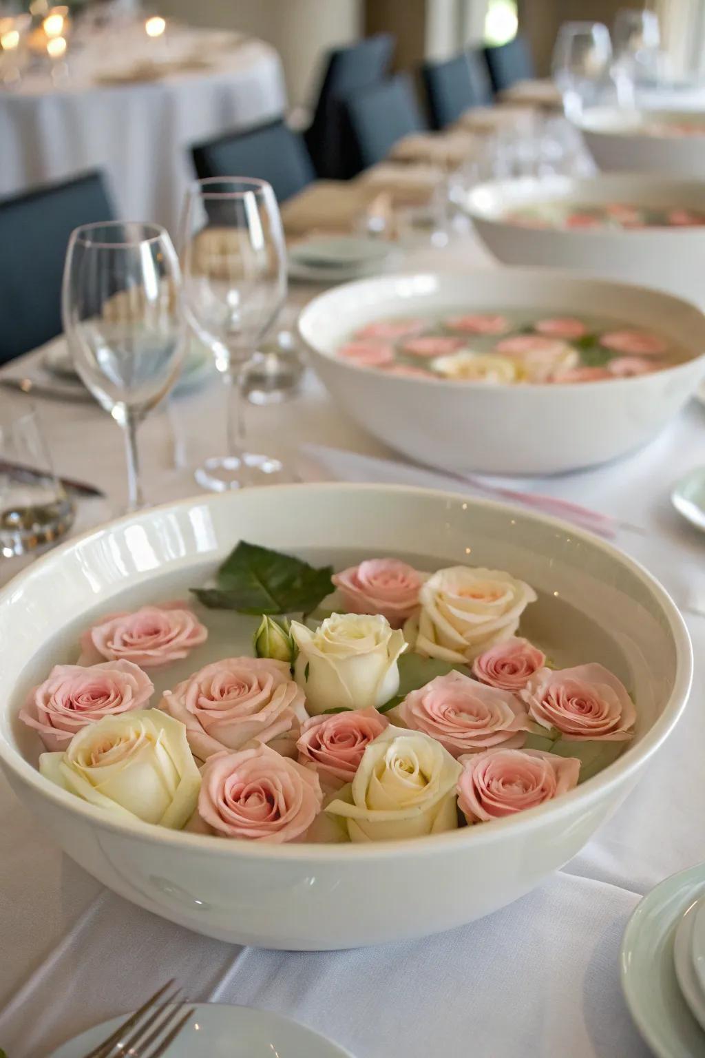 Serene and captivating with floating roses in bowls.