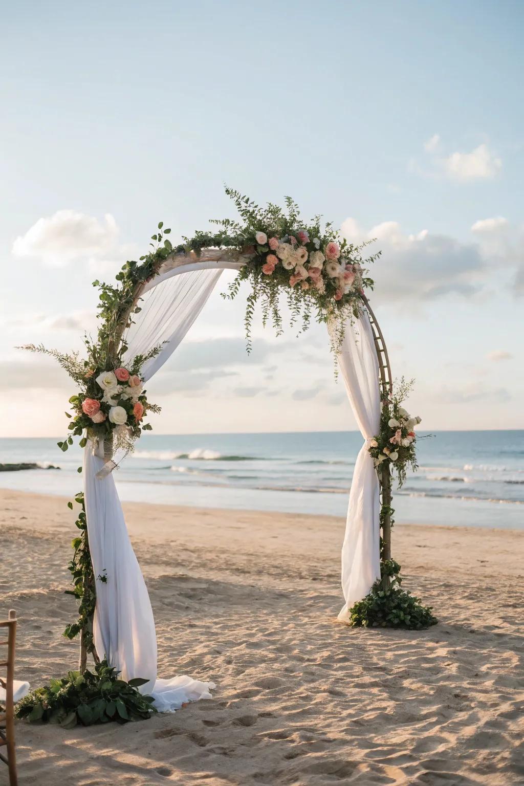 A seemingly floating arch, adding a touch of magic to a seaside ceremony.
