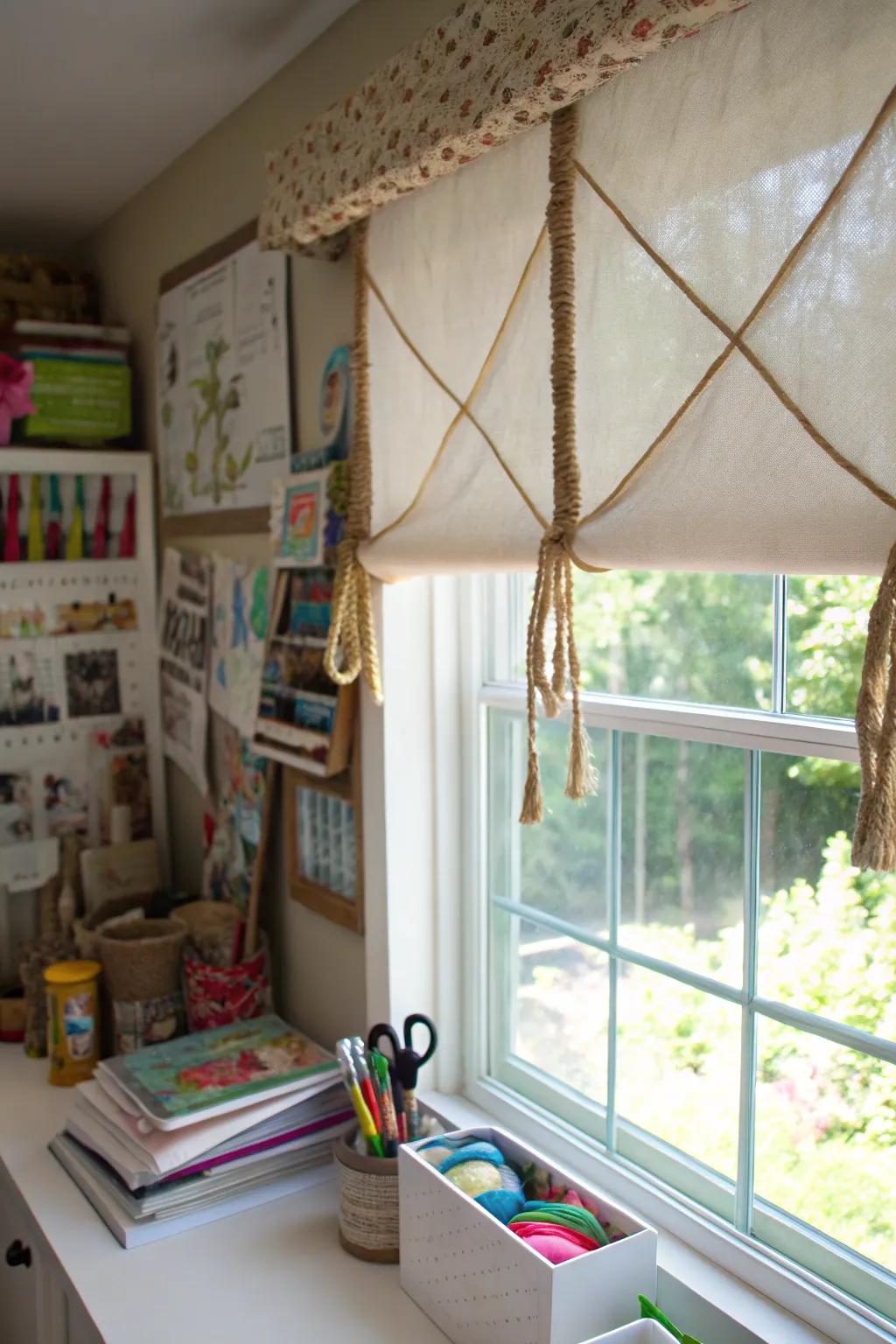 A creative craft room with a valance featuring twine details, adding a handmade touch.