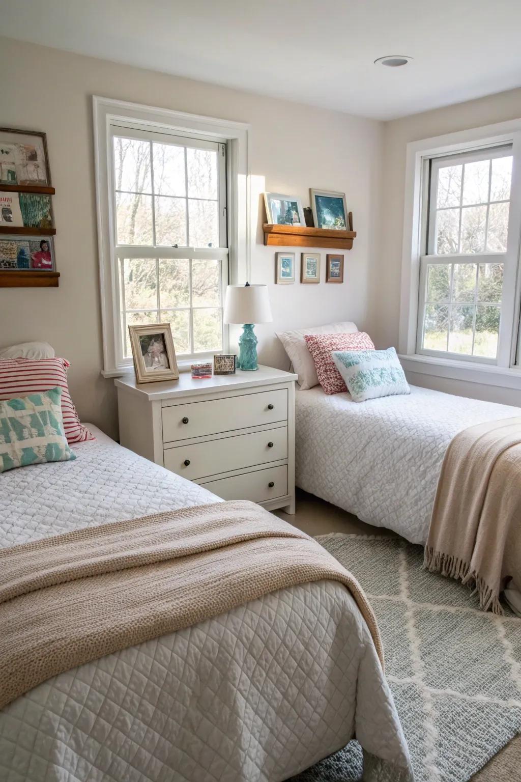 Natural light enhances the inviting feel of this shared bedroom.