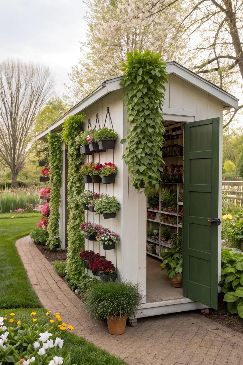 A garden shed with a lush vertical plant arrangement.