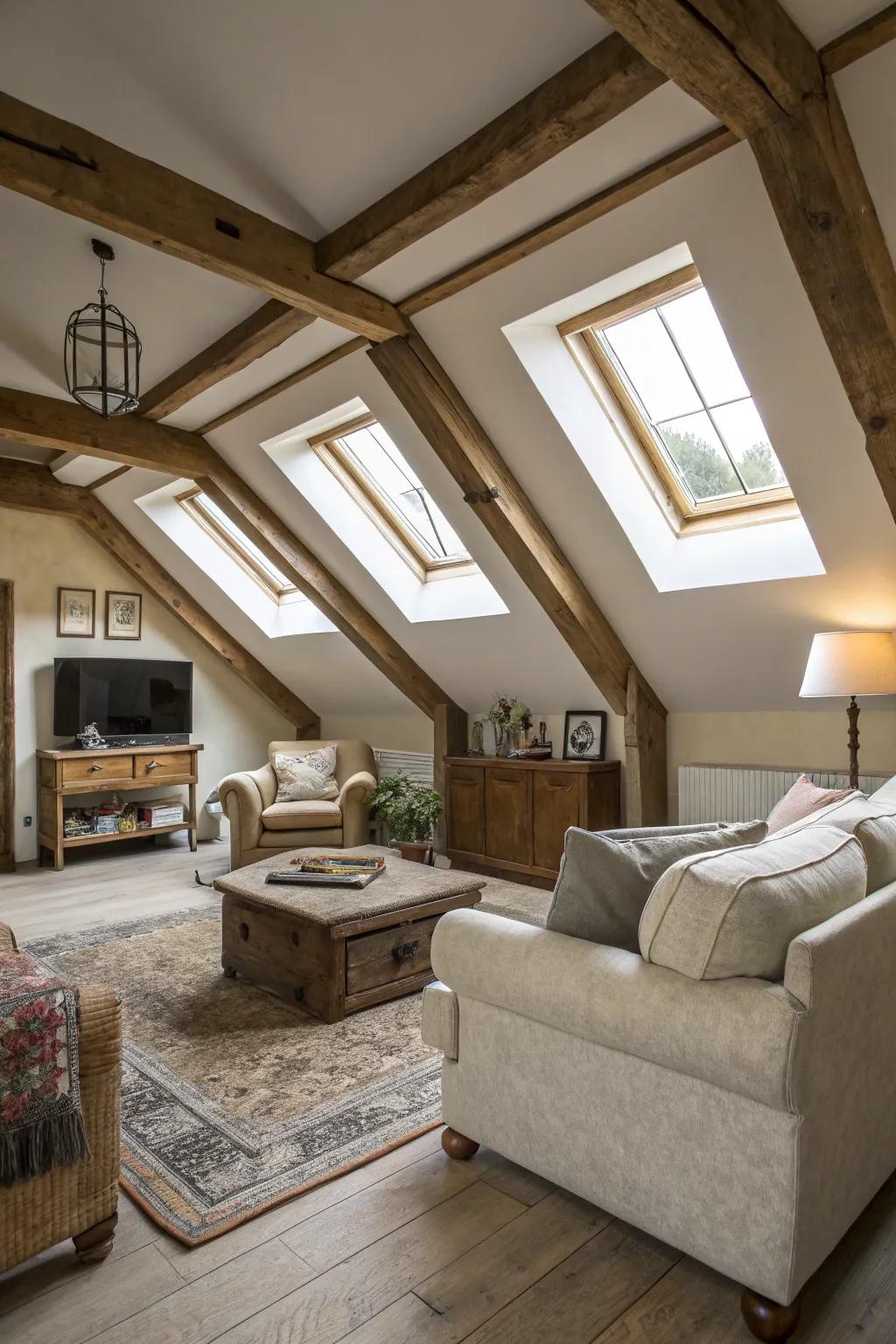 An attic transformed into a bright living space with skylights.