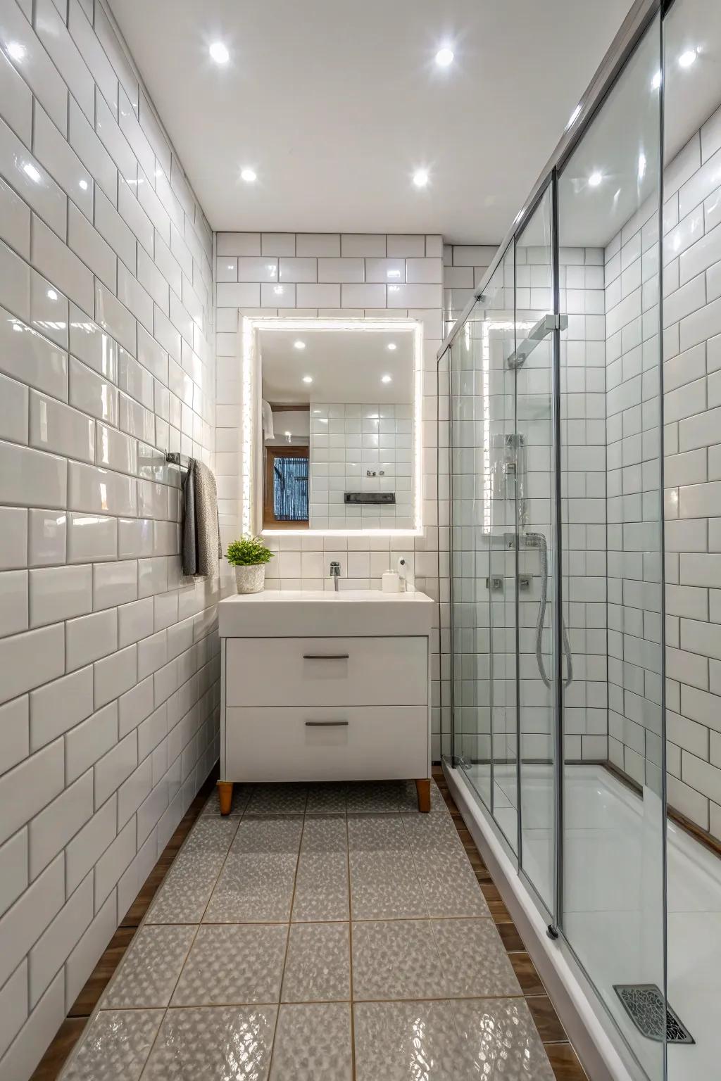 Reflective surfaces enhance light and space in small bathrooms.