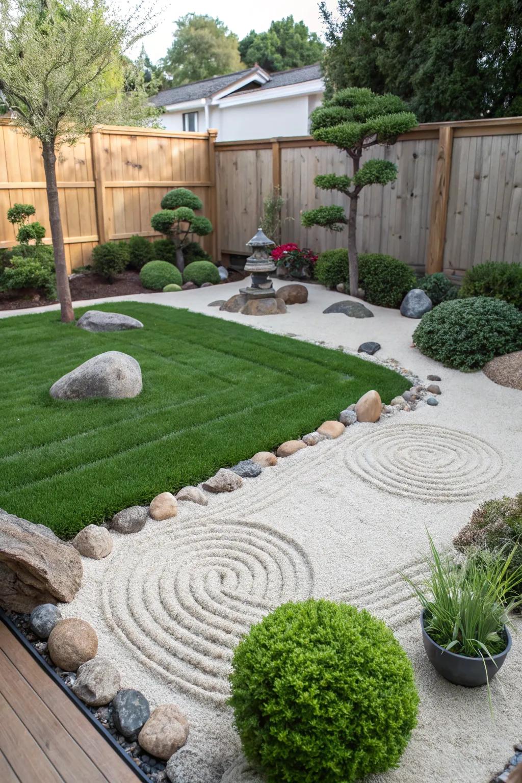 A calming Zen rock garden complemented by artificial grass.