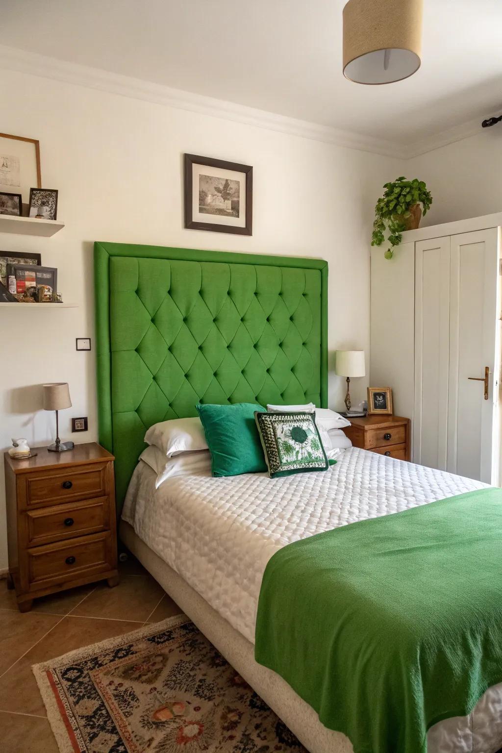 A green headboard provides a striking focal point.