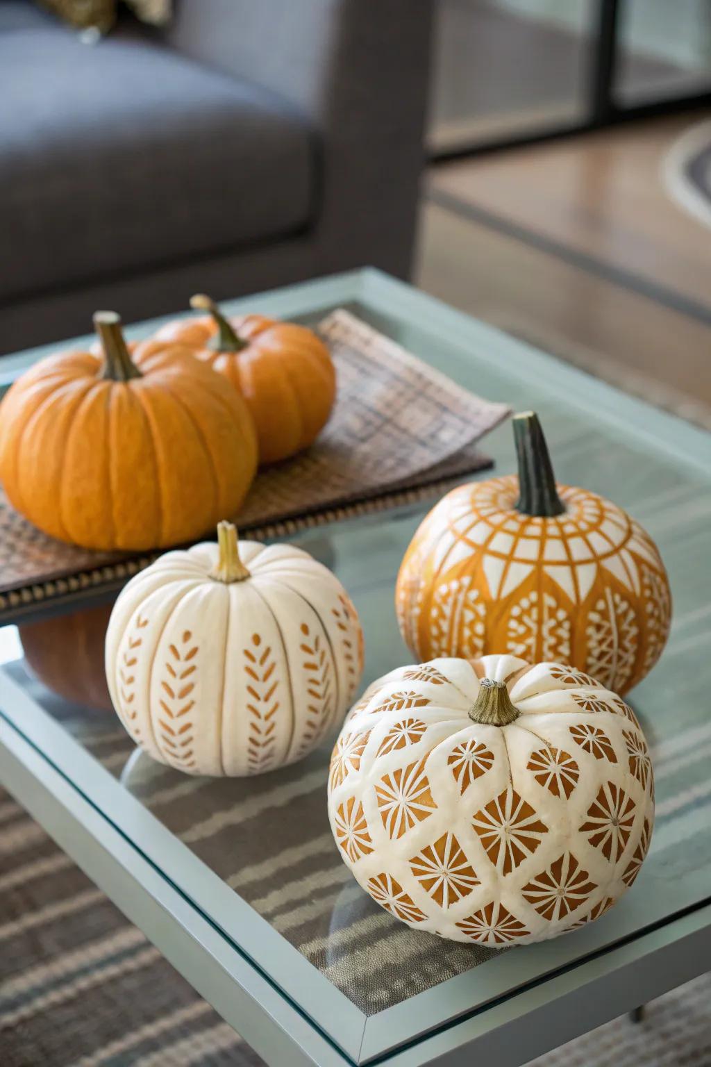 Stenciled pumpkins offer intricate, sophisticated designs.