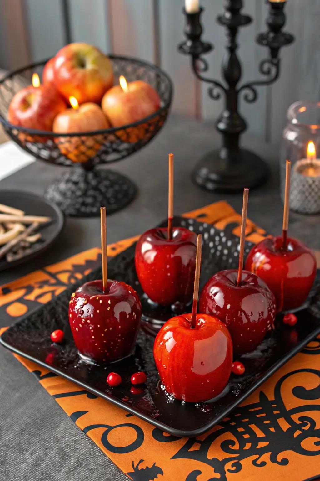 Bloody red apples ready to thrill your Halloween guests.