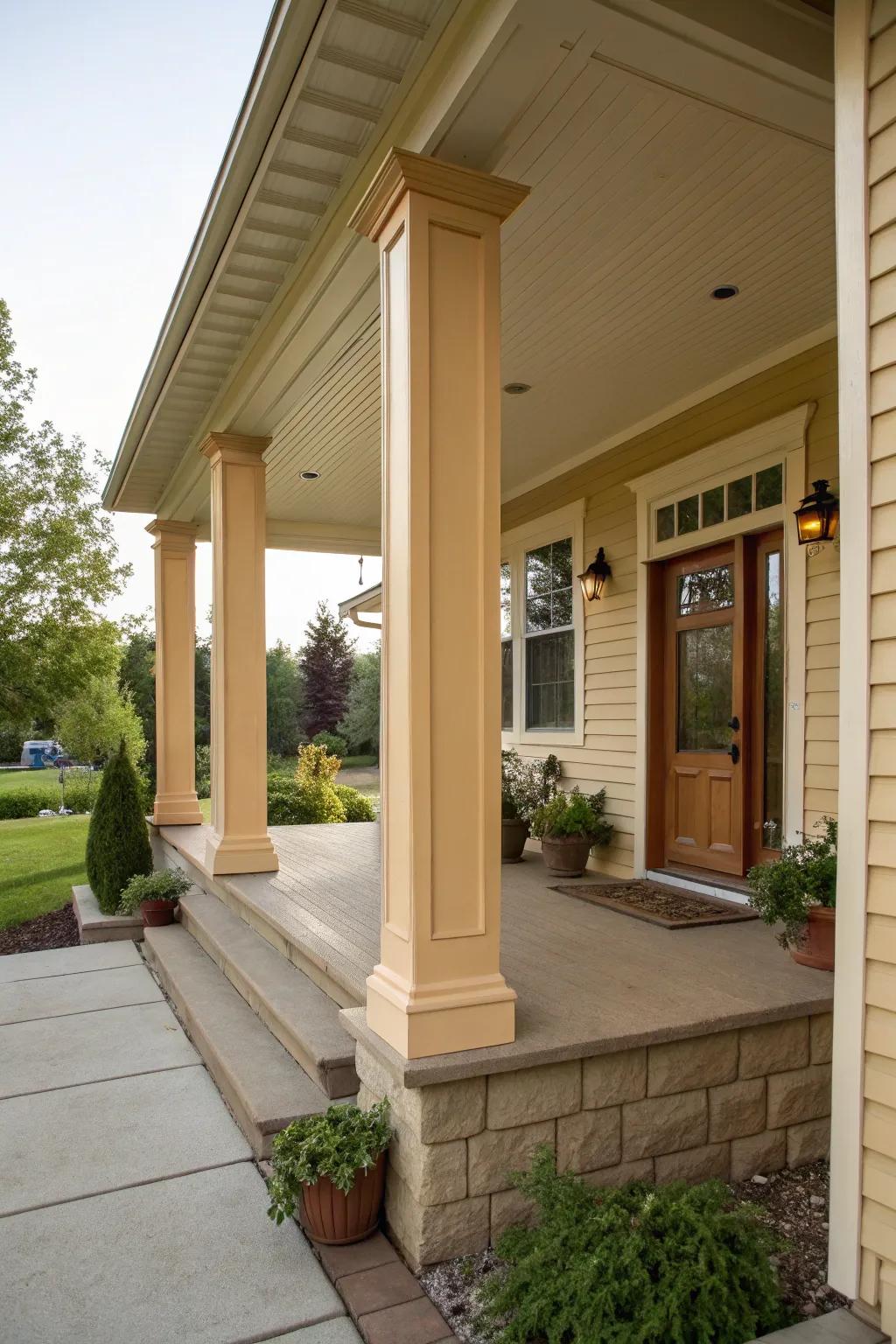 Matching colors create a seamless blend between square columns and the house.