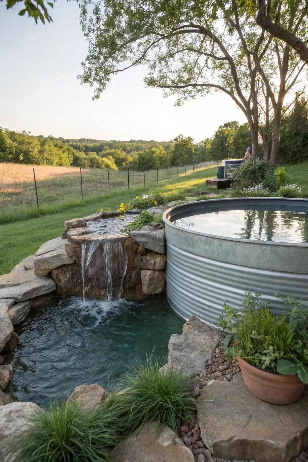 A waterfall feature adds a soothing element to the stock tank pool.