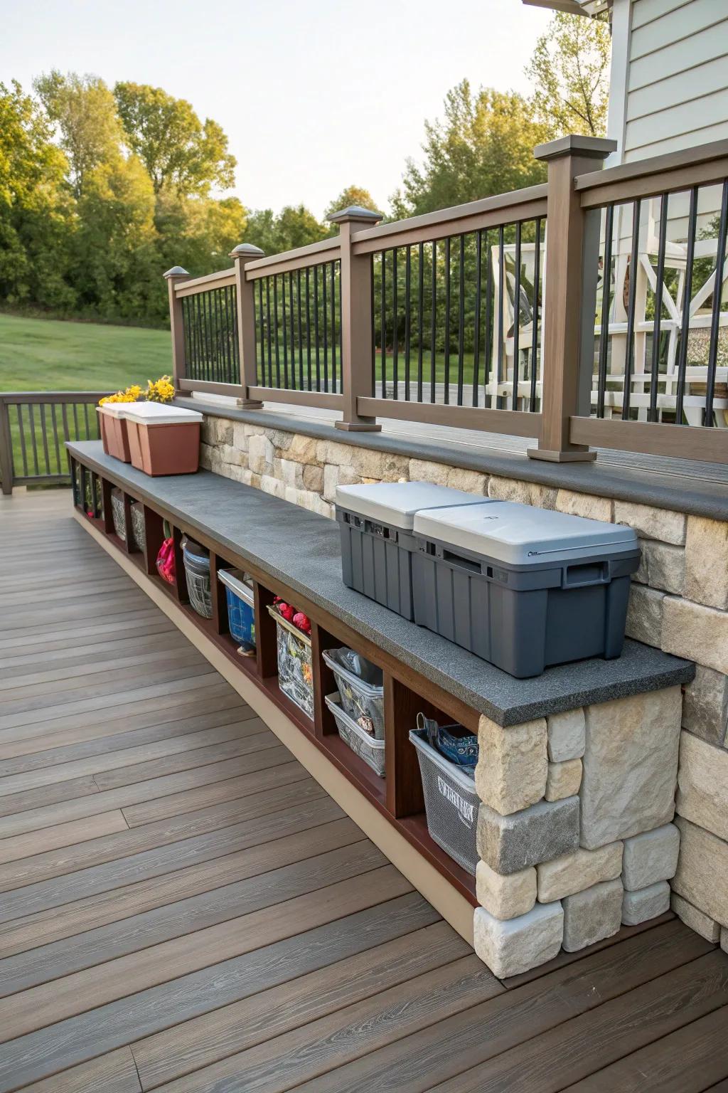 A tidy deck with stone skirting cleverly concealing practical storage solutions.