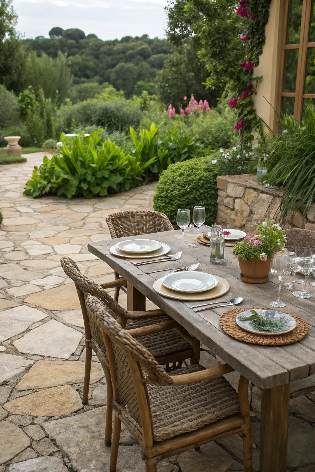 A stone patio set up for delightful al fresco dining.