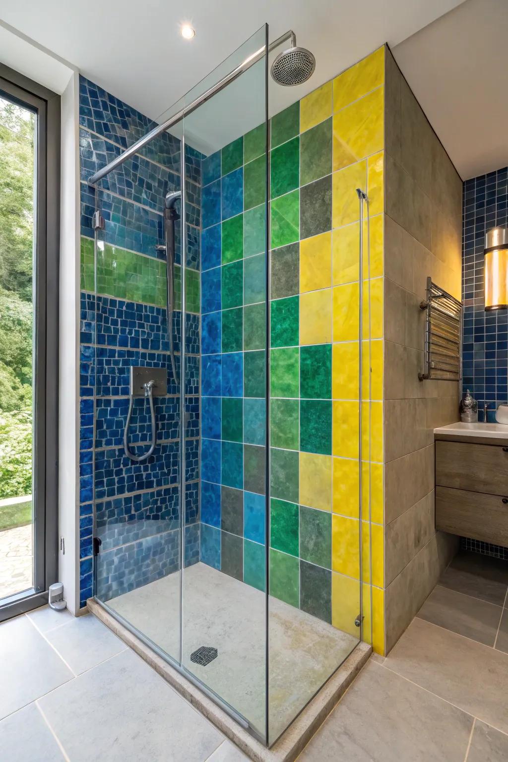 Colorful stones make a bold statement in shower designs.