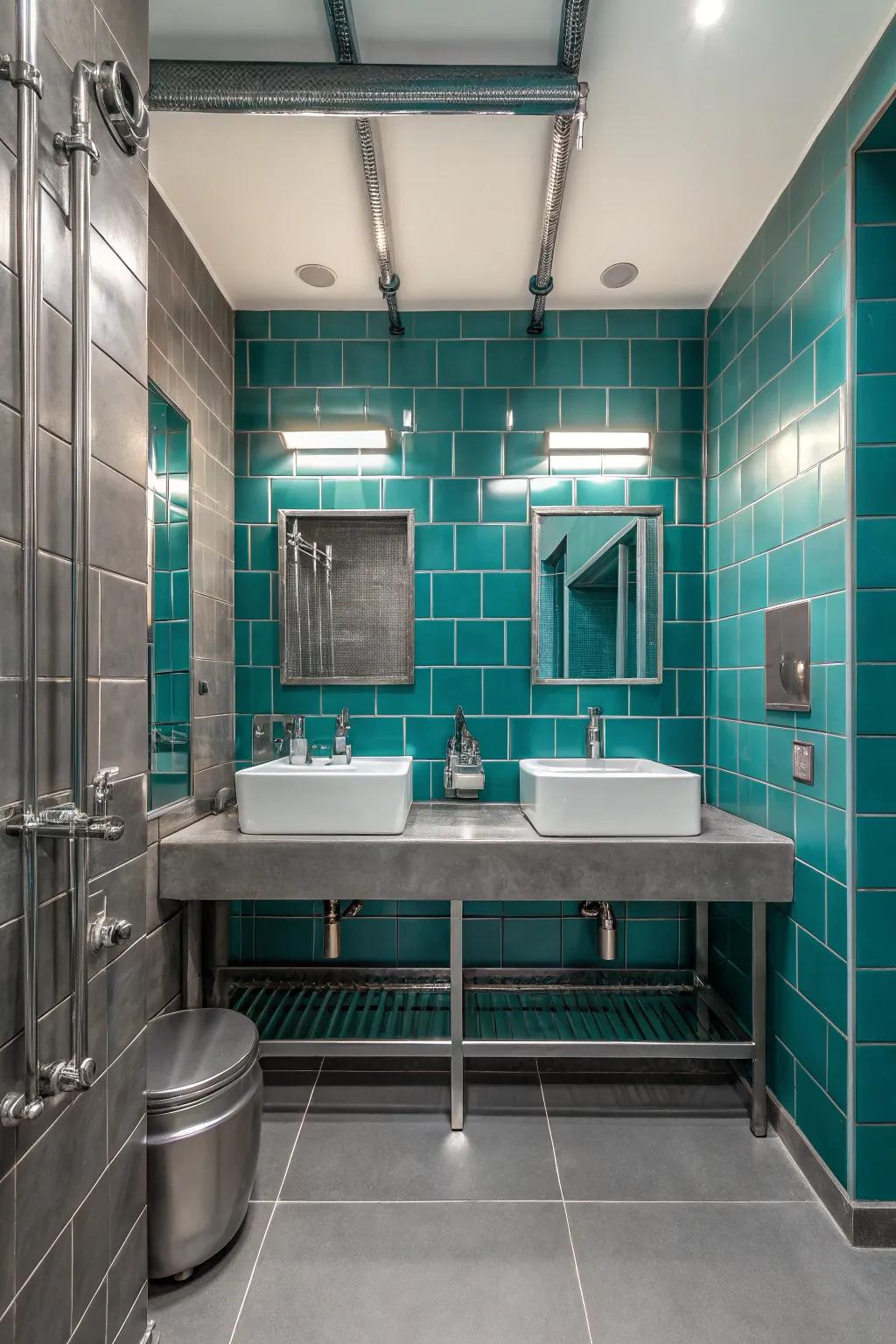 Metallic accents and teal tiles for a modern industrial look.