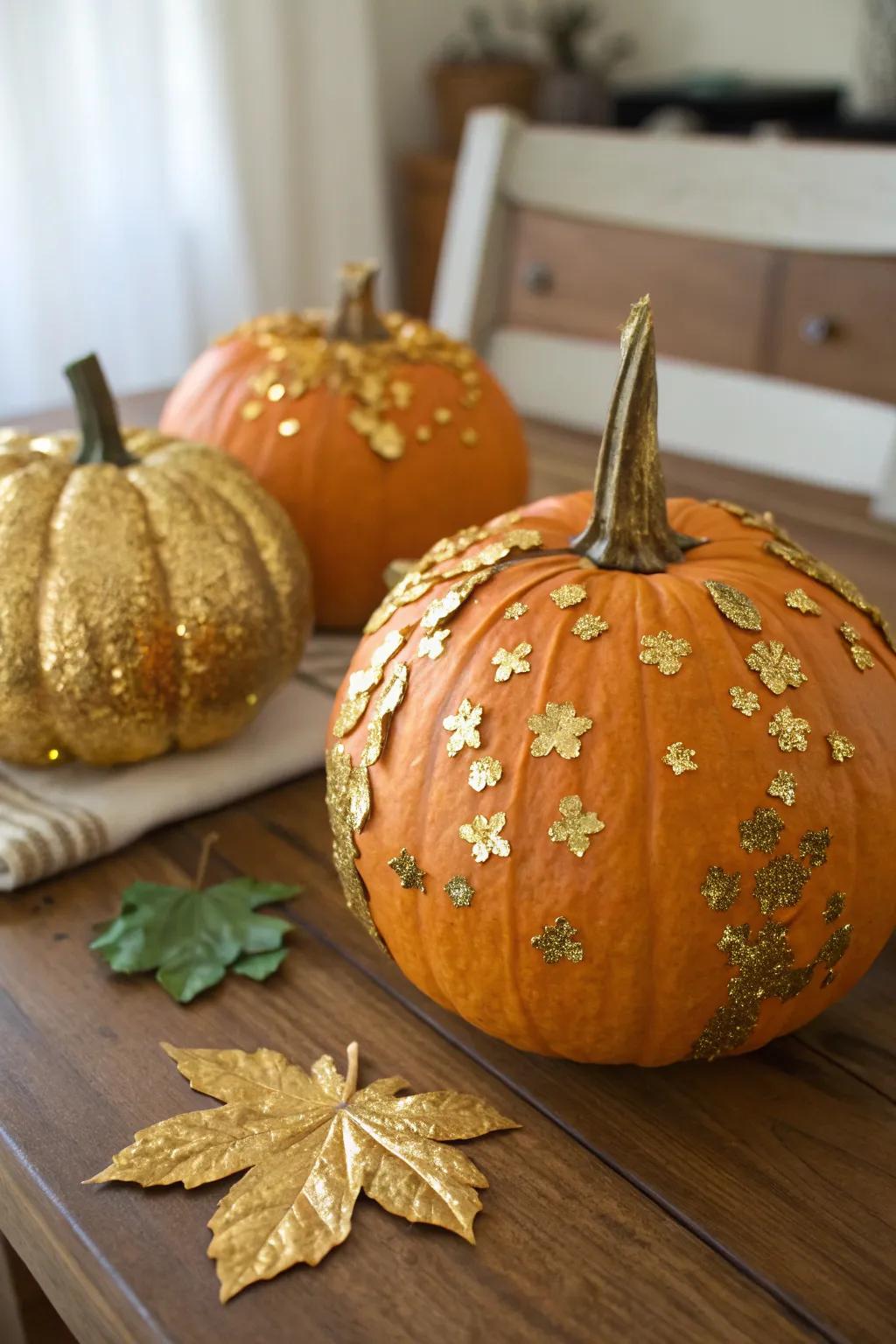 Opulent gold leaf pumpkins for a sophisticated sparkle.