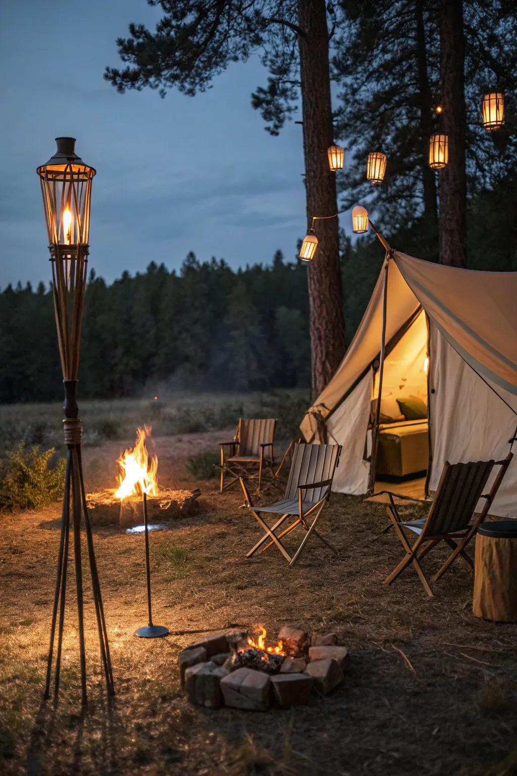 Create a cozy camping atmosphere with tiki torches.