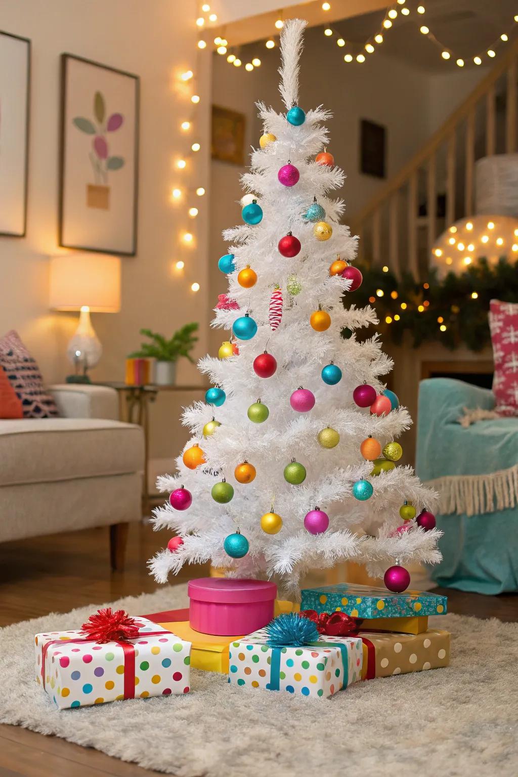 A whimsical home decor scene with a playful polka dot tinsel Christmas tree.