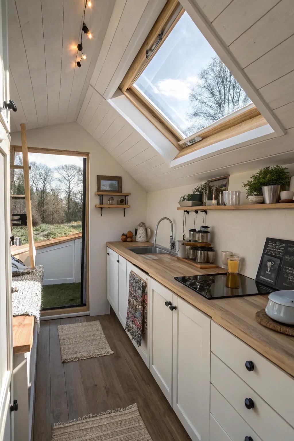 A skylight fills a tiny kitchen with natural light and openness.