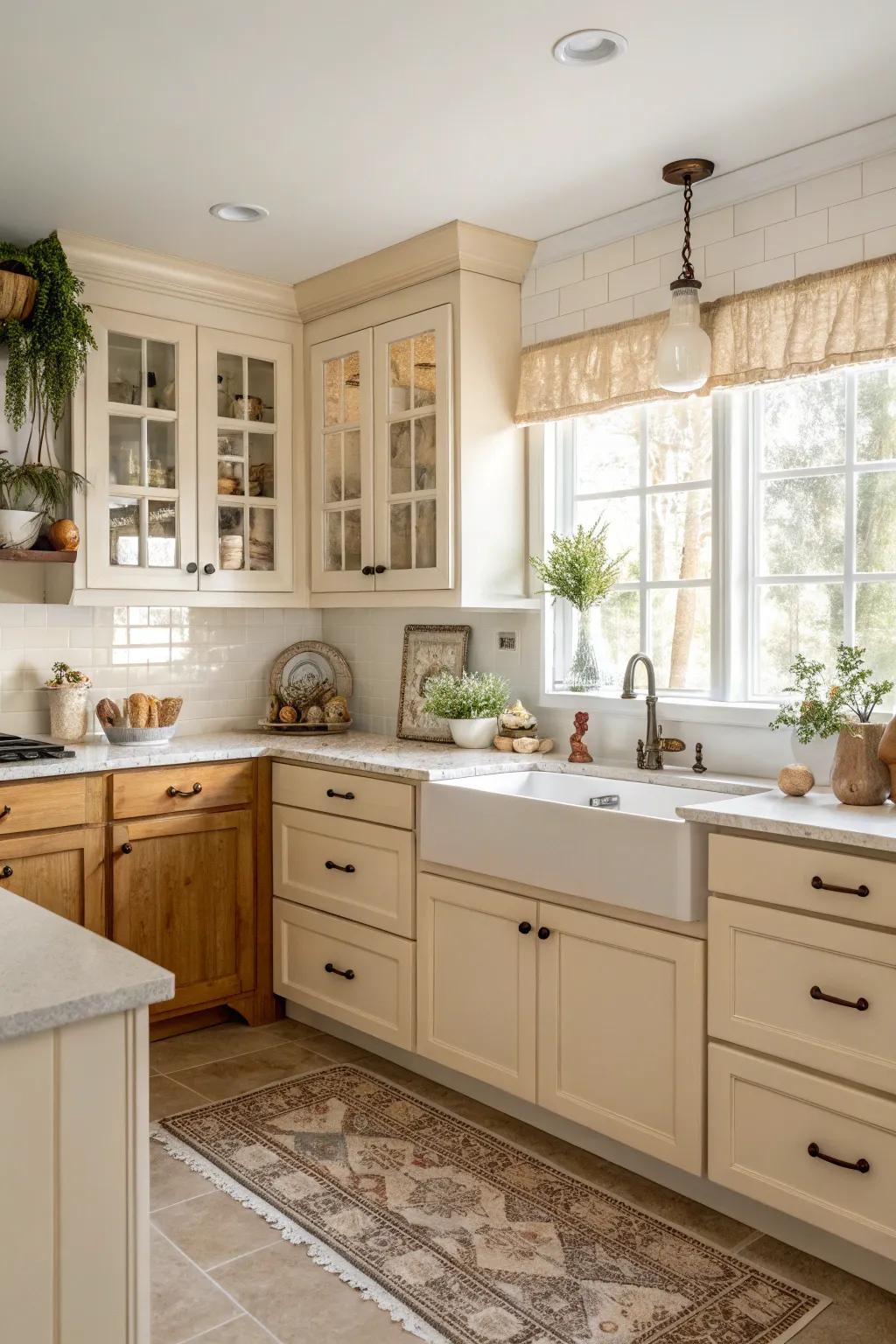 A warm beige and white kitchen that feels inviting.