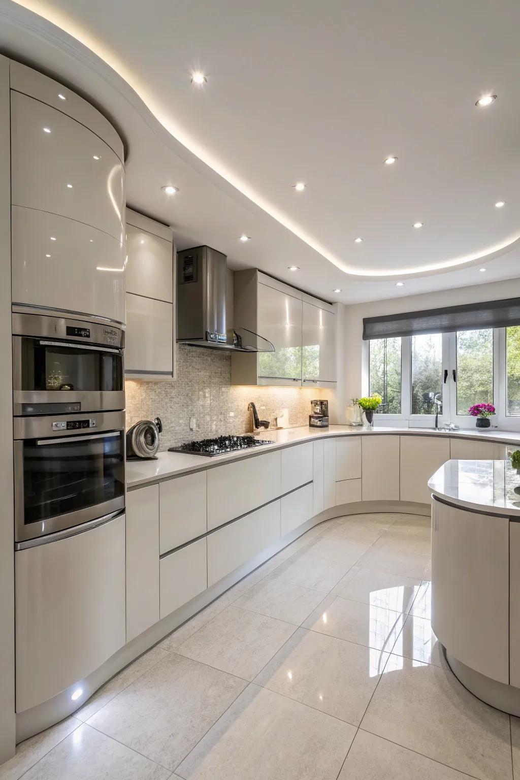 Curved cabinets bring a contemporary edge to traditional kitchen layouts.