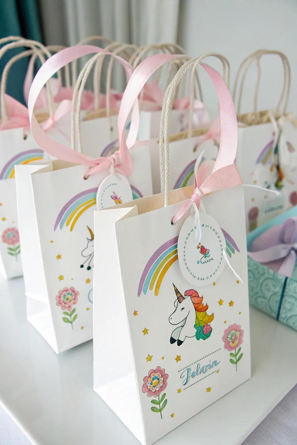 Personalized tags making unicorn favor bags unique.