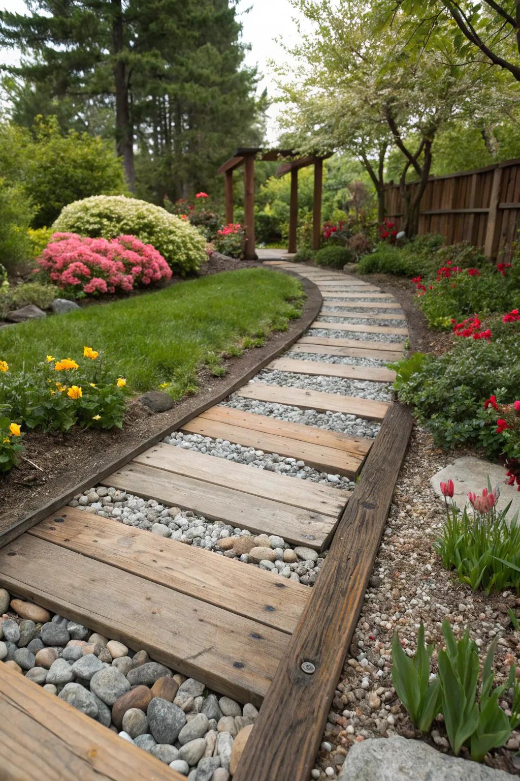 Paths with mixed materials bring texture and depth to garden landscapes.