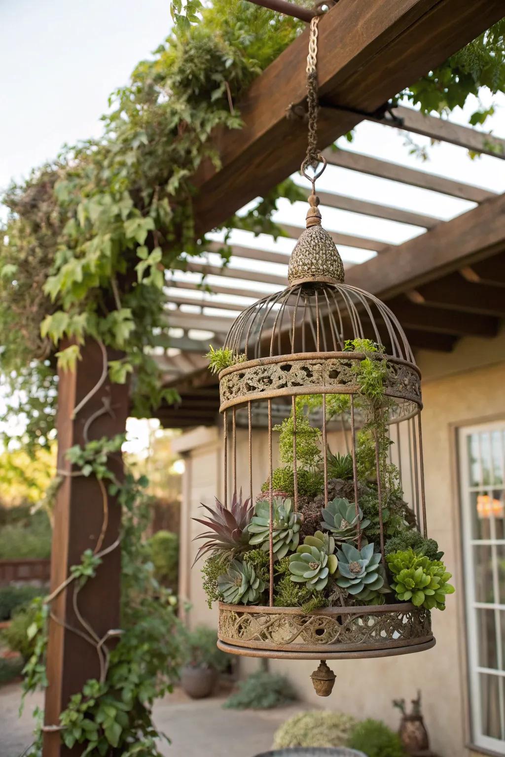 A decorative birdcage serves as an elegant focal point for succulents.